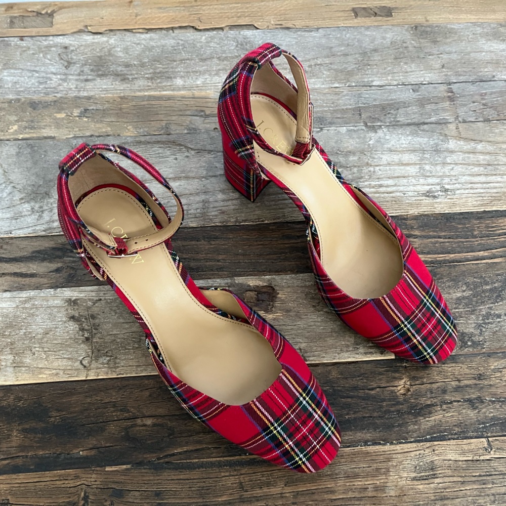 J. Crew Holiday Tartan block heel with ankle strap Red Plaid size 9.5